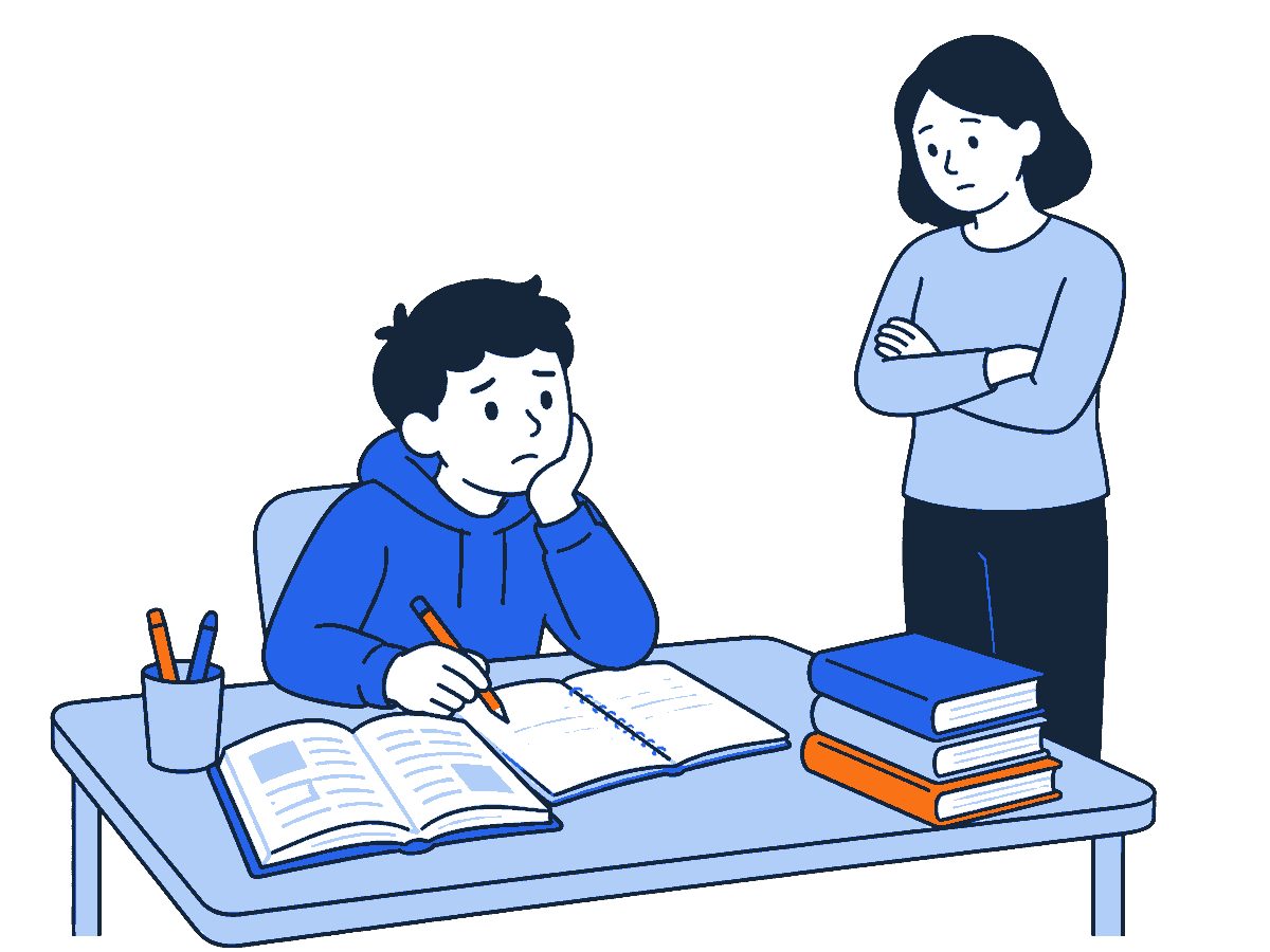 家で勉強に手が止まっている中学生と、見守る保護者のイラスト